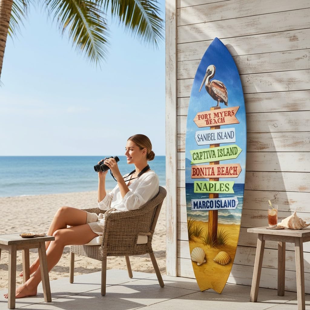 Florida West Coast Surfboard Sign – PVC Directional Beach Town Wall Art, Fort Myers Beach, Sanibel Island, Naples, Marco Island, Outdoor Coastal Decor
