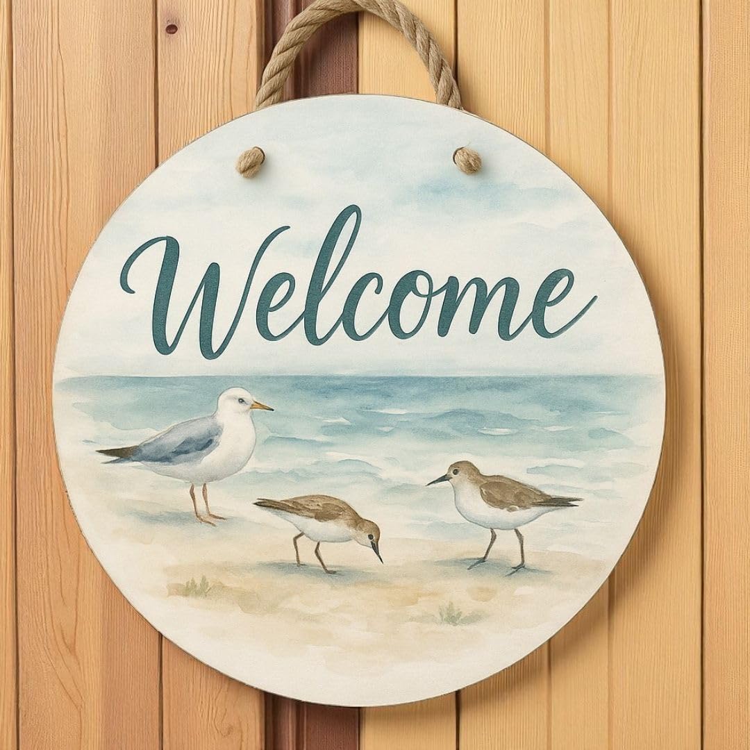 Sandpiper Beach Welcome Sign | Round Coastal Door & Porch Decor