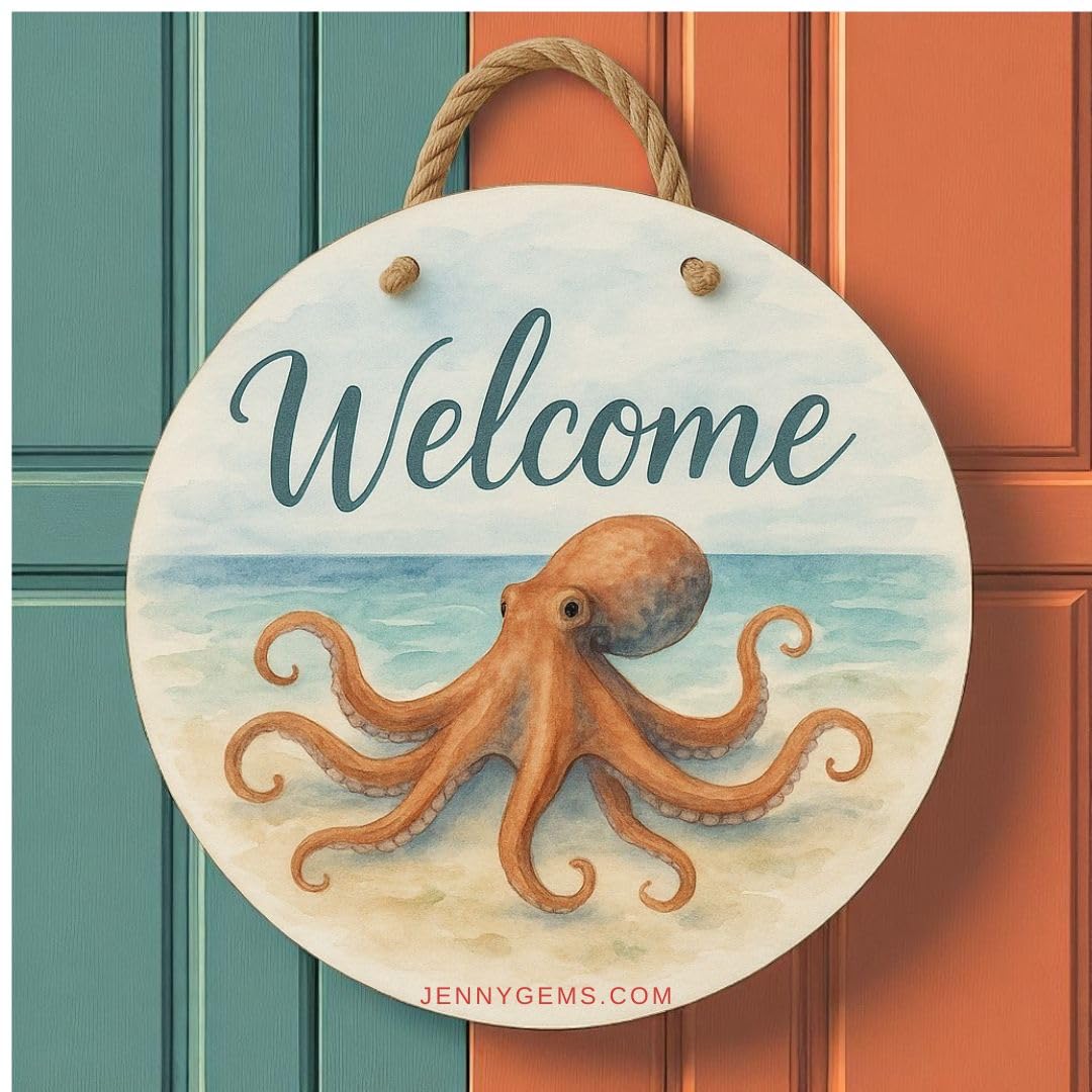 Octopus Front Door Welcome Sign, Nautical Beach Wreath Wall Hanging, Waterproof PVC Outdoor Decor, Coastal Porch Decoration, 16" Round