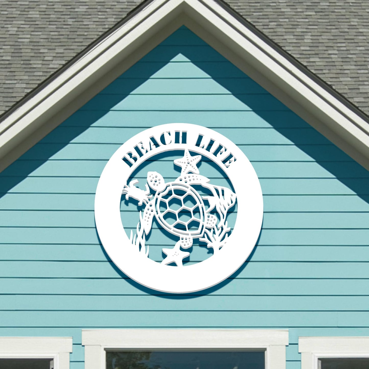 Outdoor Sea Turtle Sign with Starfish Crab Coral, Weatherproof PVC Coastal Wall Decor, Beach House Wall Art, 2 Foot