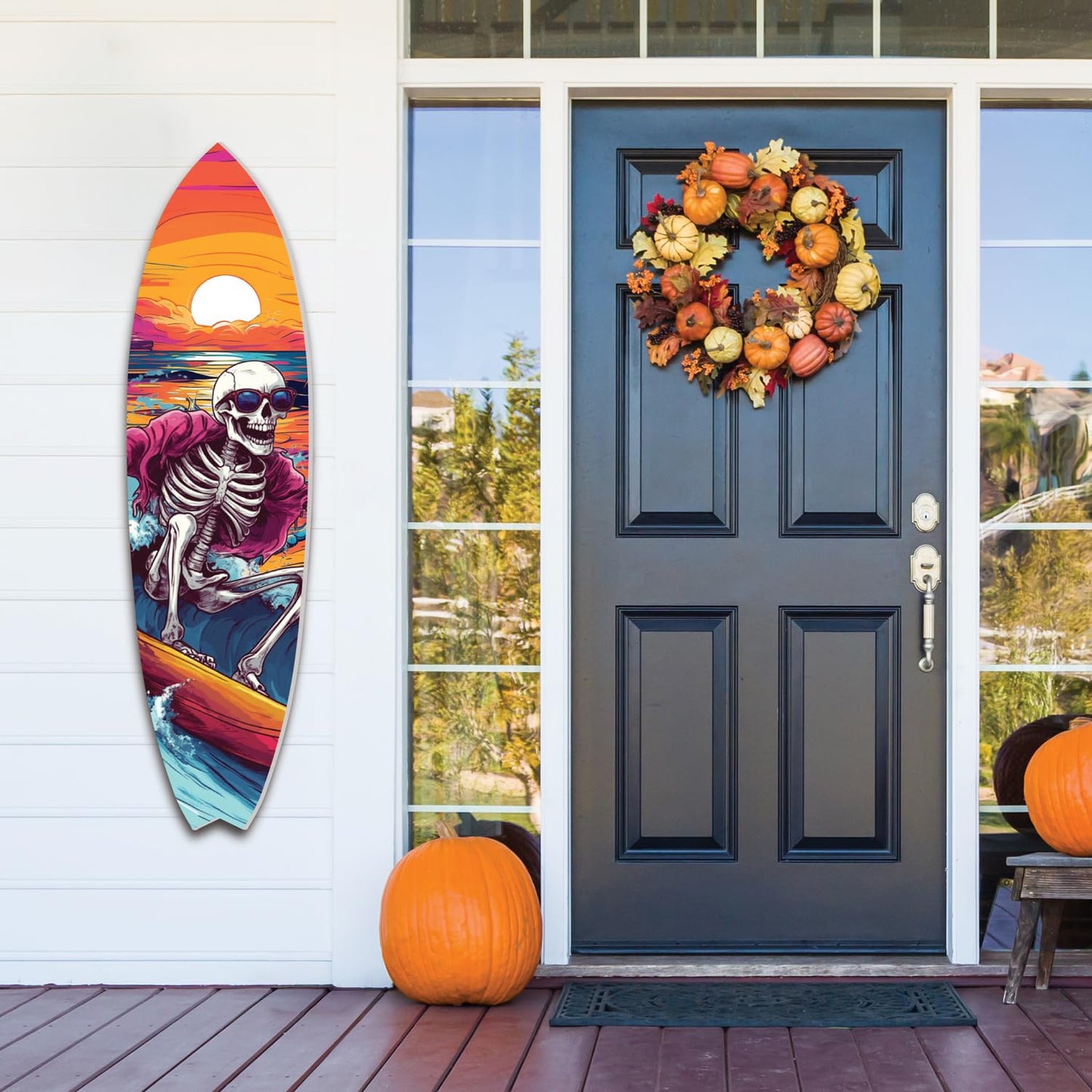 Halloween Surfboard Wall Art – Spooky Skeleton Surfing Outdoor PVC Sign – Coastal Halloween Decor for Porch, Patio, or Beach House