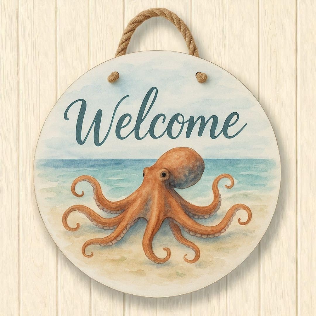 Octopus Front Door Welcome Sign, Nautical Beach Wreath Wall Hanging, Waterproof PVC Outdoor Decor, Coastal Porch Decoration, 16" Round