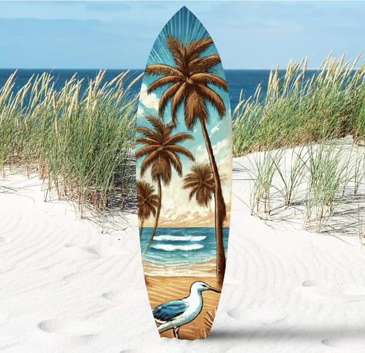 Tropical Beach Surfboard Wall Art | Weather-Resistant PVC with Sandpiper, Ocean Waves & Palm Trees
