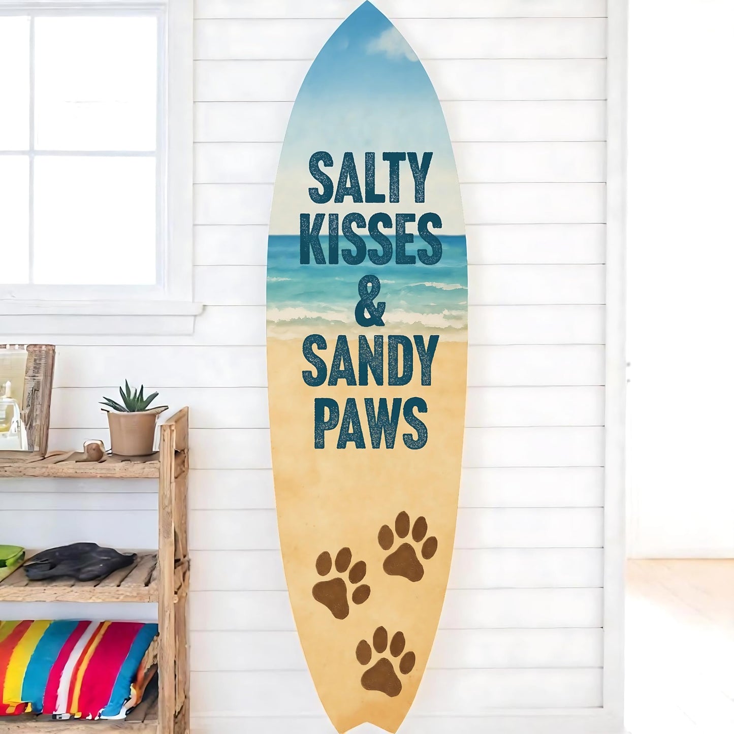 Outdoor Dog Surfboard Wall Decor – Coastal Pet Wall Art for Porch, Pool, Fence, PVC Beach House Decor for Dog Owners, Salty Kisses