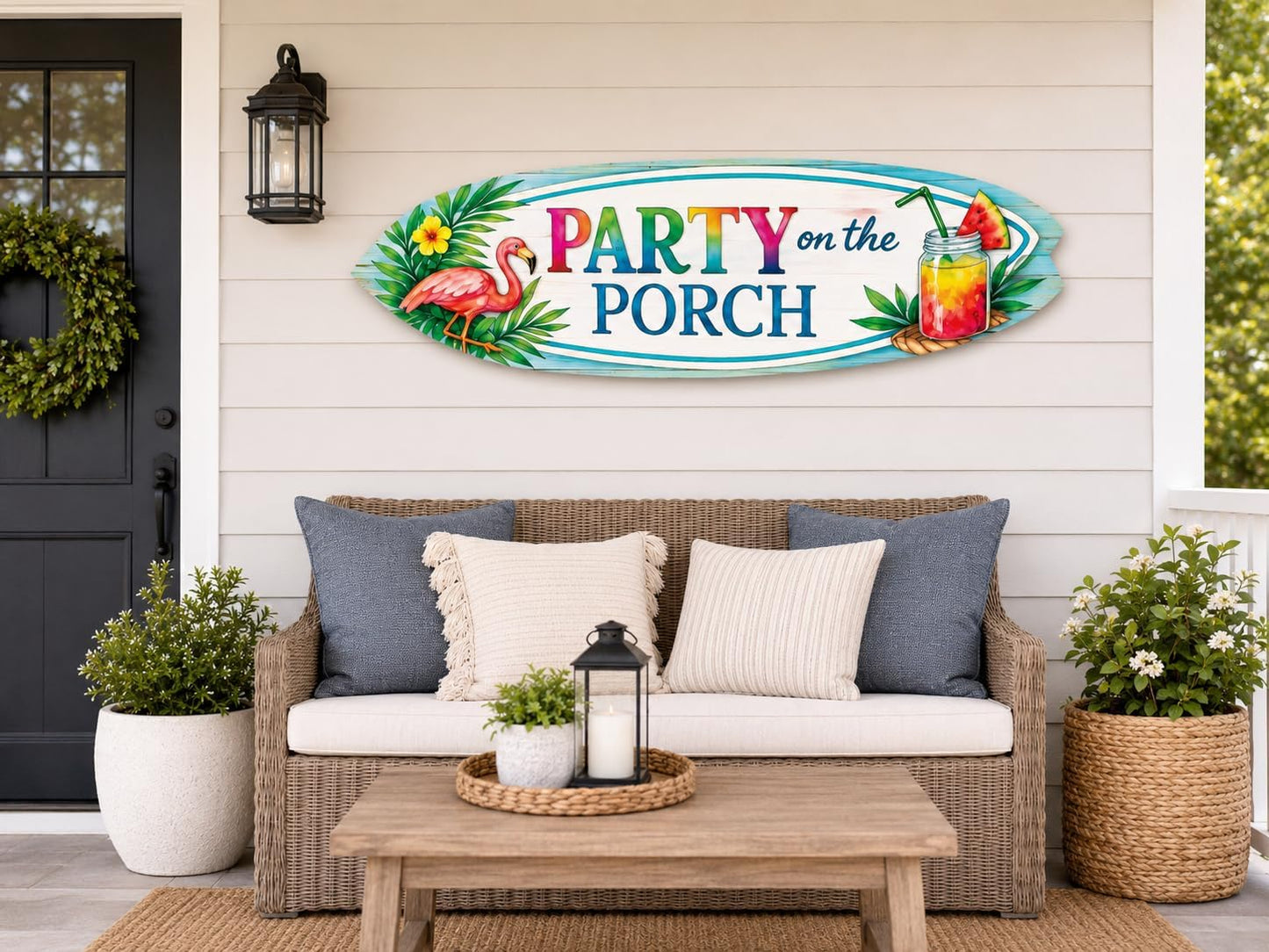 JennyGems Party on the Porch Surfboard Wall Art Indoor Outdoor PVC Porch Decor, Tropical Patio Sign, Flamingo Summer Decor, 2 Foot