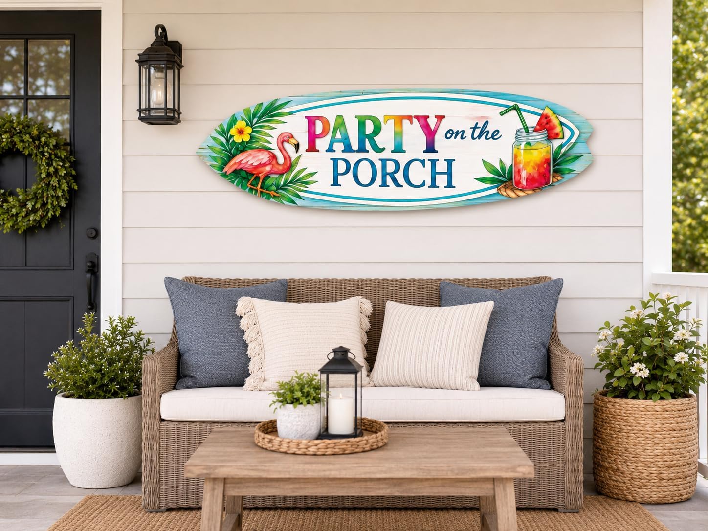 JennyGems Party on the Porch Surfboard Wall Art Indoor Outdoor PVC Porch Decor, Tropical Patio Sign, Flamingo Summer Decor, 2 Foot