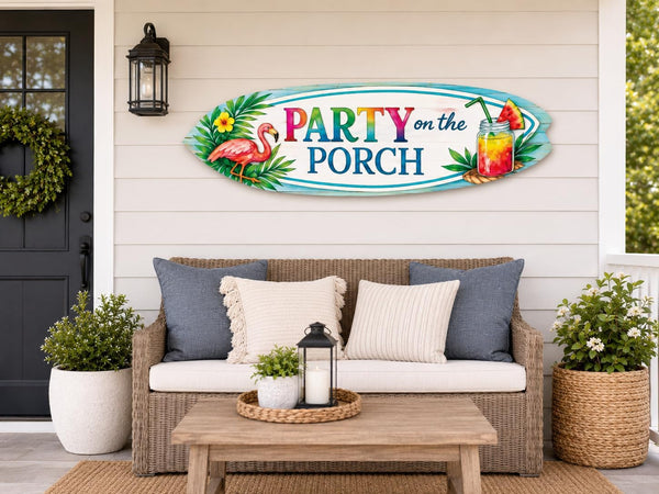 JennyGems Party on the Porch Surfboard Wall Art Indoor Outdoor PVC Porch Decor, Tropical Patio Sign, Flamingo Summer Decor, 2 Foot