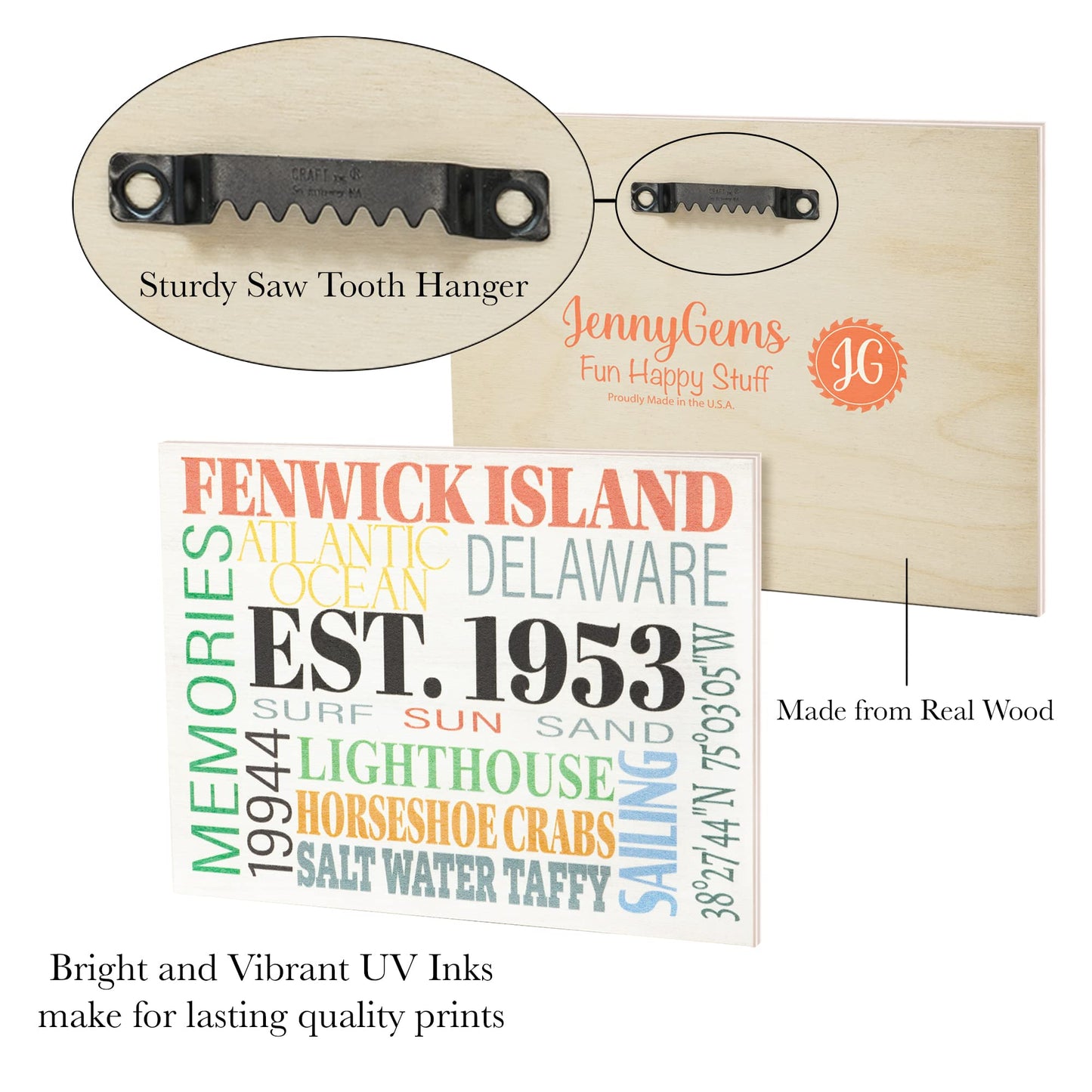 JennyGems Fenwick Island Town Memories Wooden Sign, Delaware Gifts, Made in USA