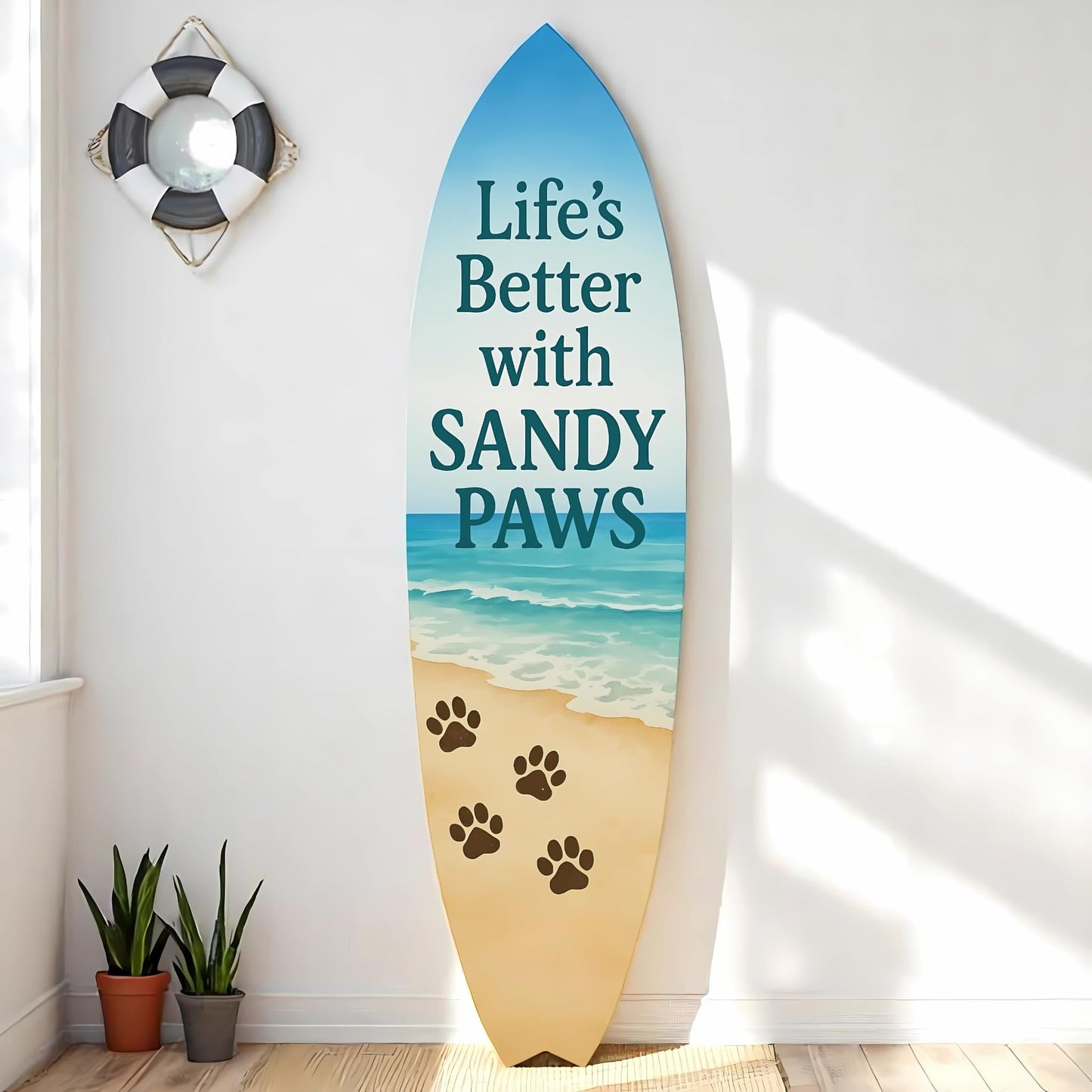 Outdoor Dog Surfboard Wall Decor – Coastal Pet Wall Art for Porch, Pool, Fence, PVC Beach House Decor for Dog Owners, Life's Better Sandy Paws