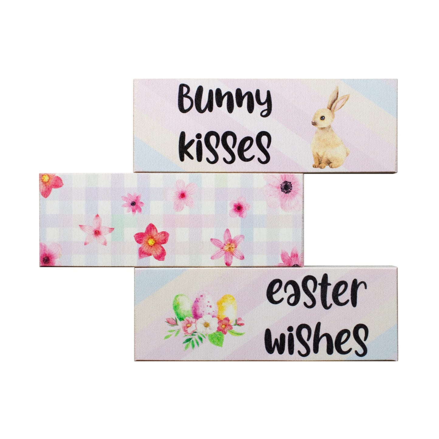 Easter Tiered Tray Decor, Bunny Kisses Easter Wishes 3 Piece Mini Wooden Block Set, Farmhouse Decorations