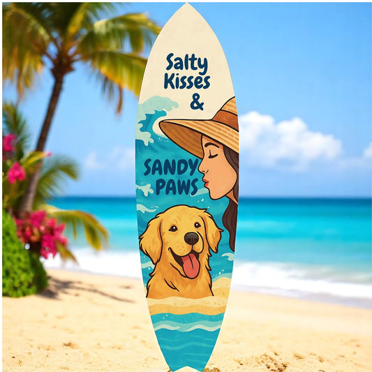 Outdoor Dog Surfboard Wall Decor – Coastal Pet Wall Art for Porch, Pool, Fence, PVC Beach House Decor for Dog Owners, Sandy Paws