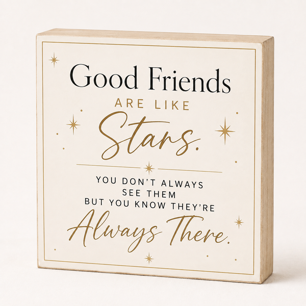 A square decorative wooden sign with a light natural wood border and cream face, printed with the quote 'Good Friends ARE LIKE Stars. YOU DON'T ALWAYS SEE THEM BUT YOU KNOW THEY'RE Always There.