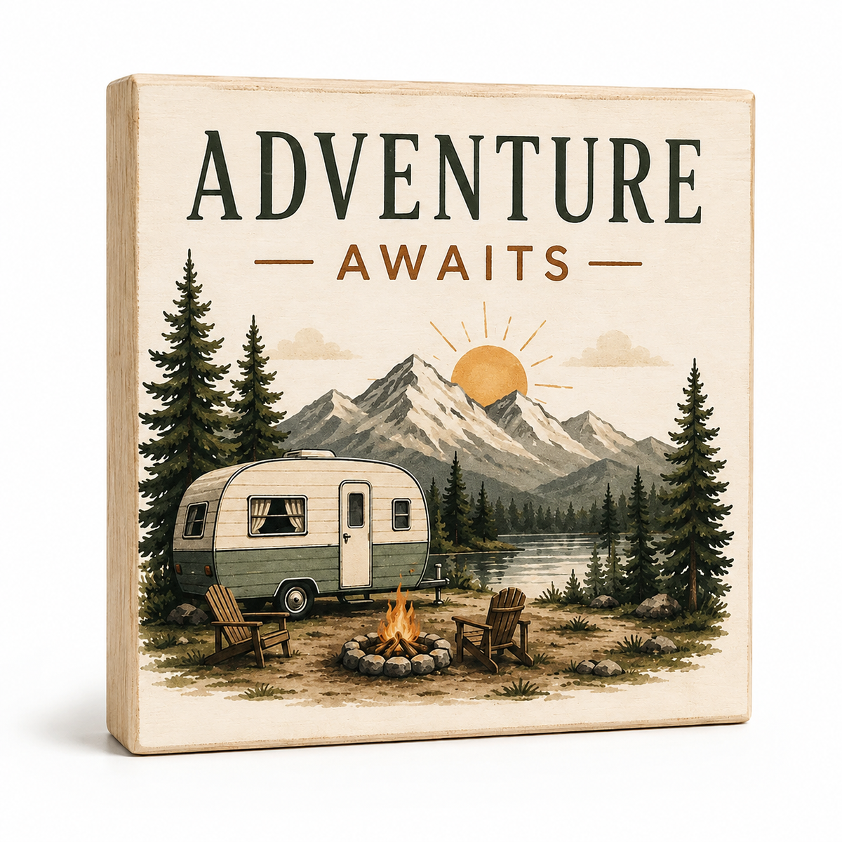 A square decorative wooden sign with a vintage-style camping illustration and the words “ADVENTURE AWAITS” printed on the front, shown against a clean white background.
