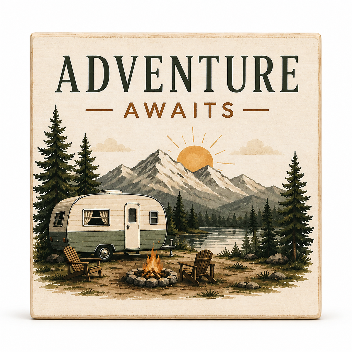 A square decorative sign with rounded corners featuring the words “ADVENTURE AWAITS” above a retro camping scene with a vintage trailer, mountains, trees, lake, campfire, and two chairs, shown on a plain white background.