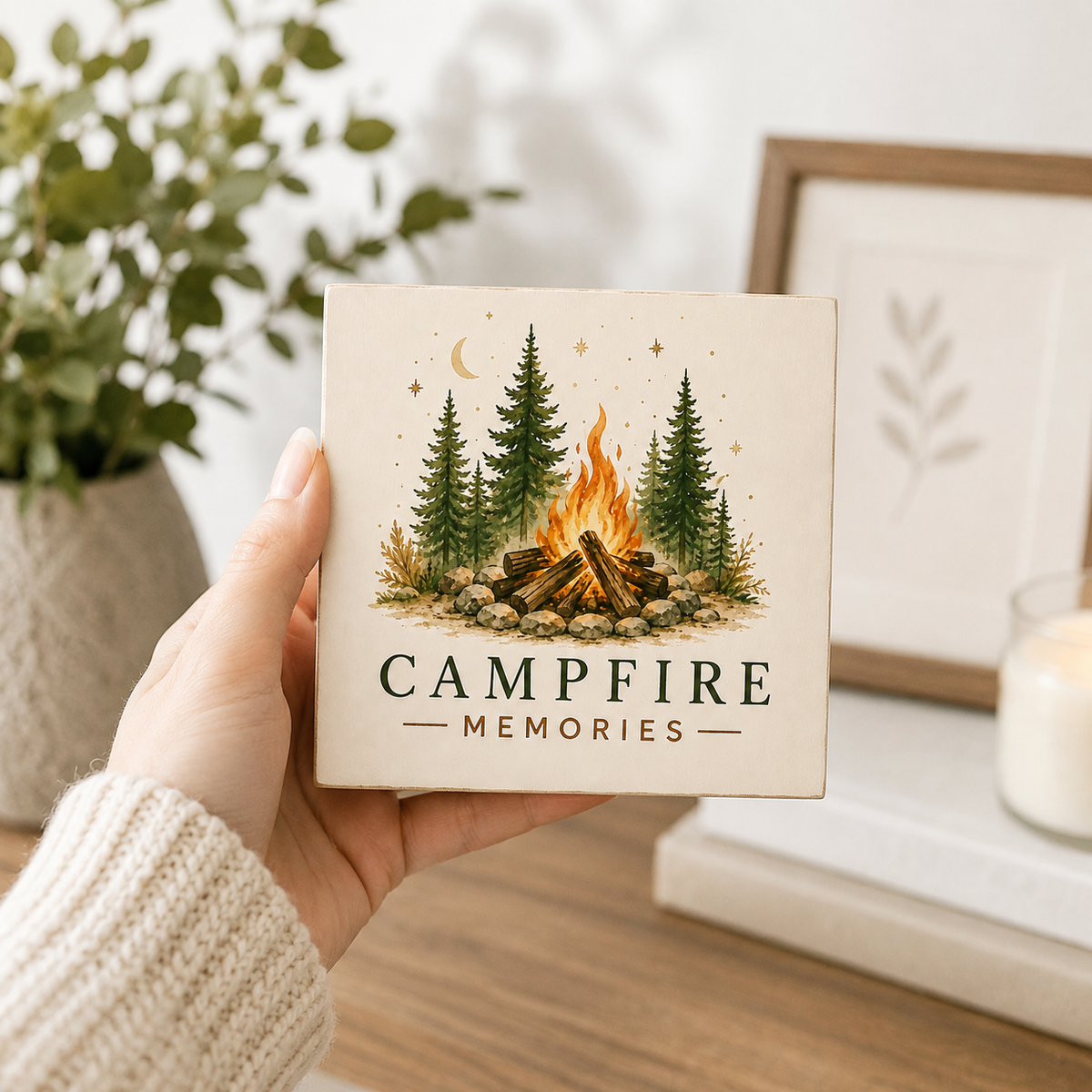 A hand in a cream knit sweater holds a square cream-colored box featuring an illustration of a campfire with pine trees, stars, and the text 'CAMPFIRE MEMORIES'. The background is a softly blurred cozy interior with a potted plant, framed art, and a candle.