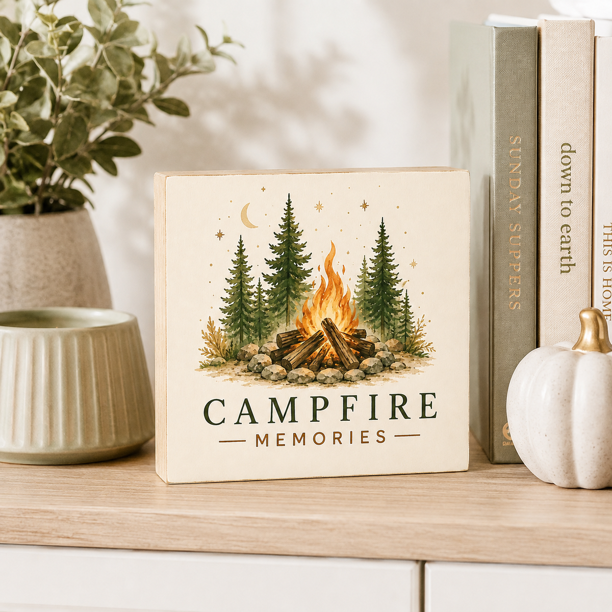 A square cream-colored decorative box or plaque with an illustrated campfire scene and the text 'CAMPFIRE MEMORIES' stands on a light wood surface. The scene is styled with a potted plant, books, and a small pumpkin in a softly lit indoor setting.