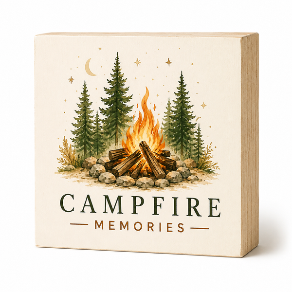 A square wooden keepsake box with a light beige cover featuring an illustration of a campfire, pine trees, stars, and a crescent moon. The text 'CAMPFIRE MEMORIES' is printed on the front, and the box is photographed on a clean white background.