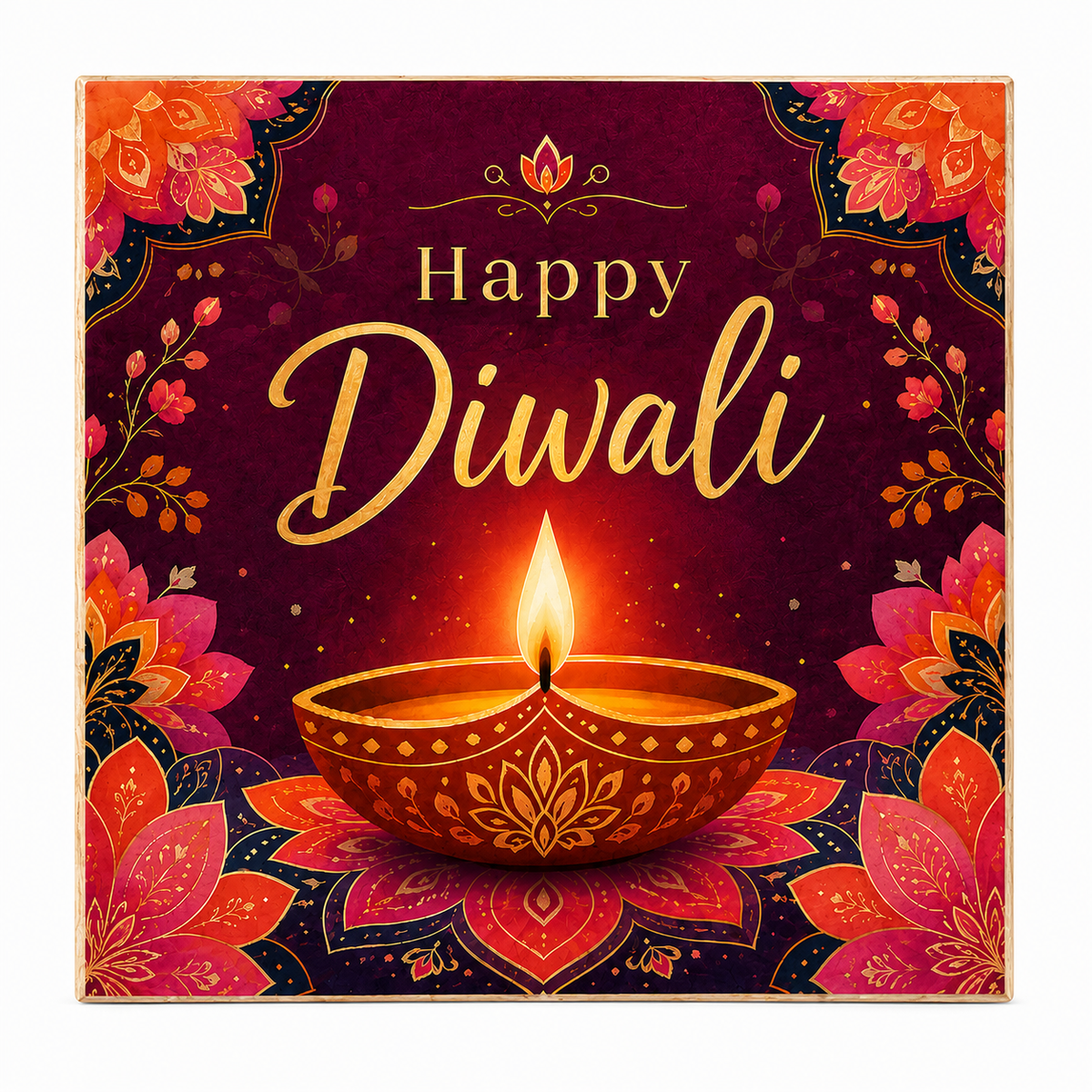 Square decorative Diwali greeting card or print with the words “Happy Diwali” in gold script over a dark plum background, featuring a glowing diya oil lamp and ornate floral mandala designs in red, pink, orange, and gold.