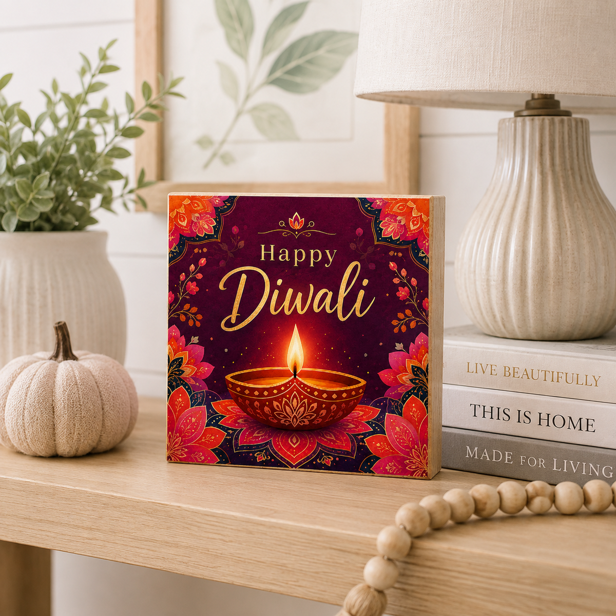 A square decorative box or plaque featuring a colorful Diwali design with the words “Happy Diwali” and an ornate diya illustration, placed on a wooden table in a styled home setting with a lamp, books, plant, and small pumpkin.