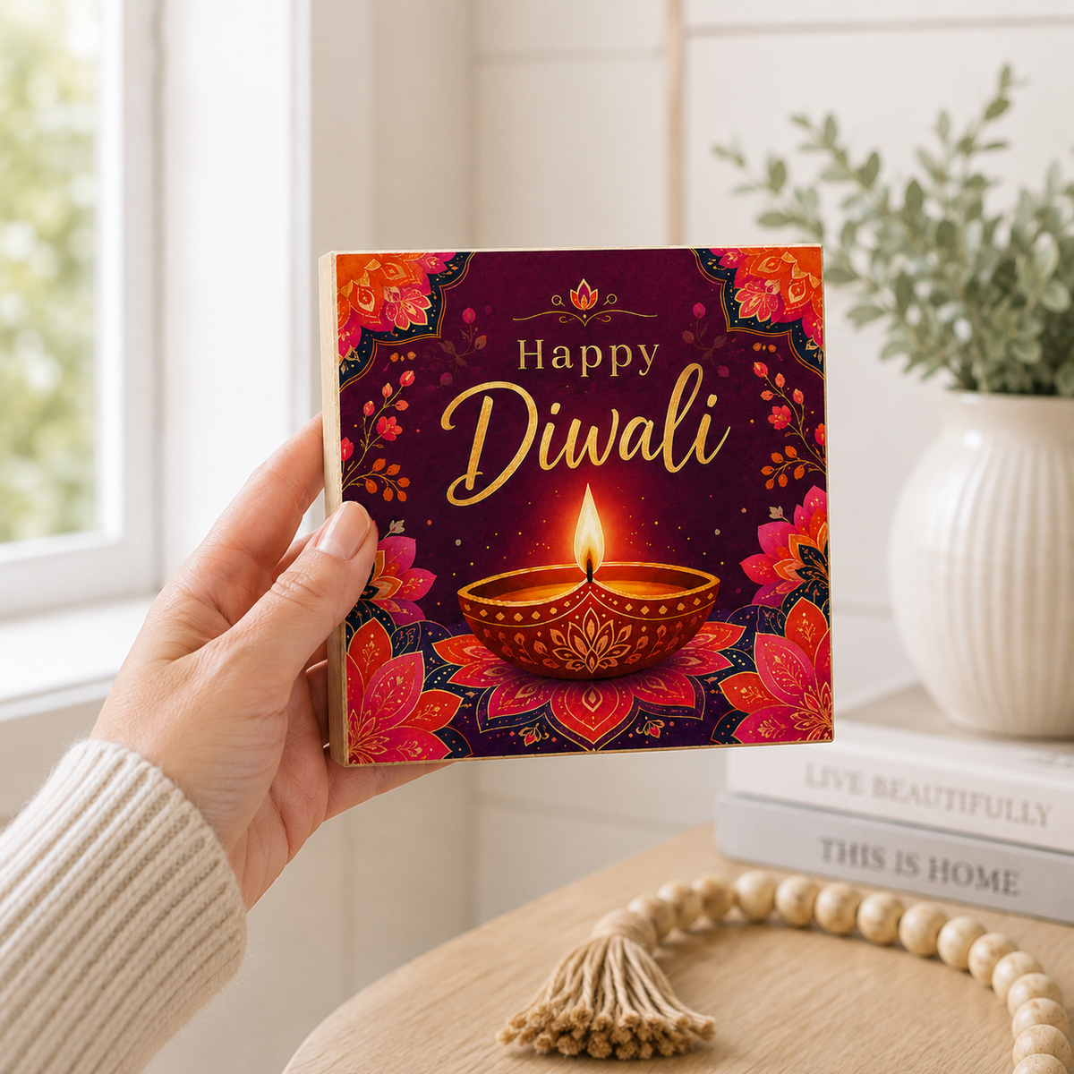 A hand holds a square decorative card or box featuring a Diwali design with the words “Happy Diwali” in gold script, a glowing diya illustration, and red and orange floral mandala borders. The background shows a softly lit indoor setting with a window, books, a plant, and a wooden tassel bead necklace.