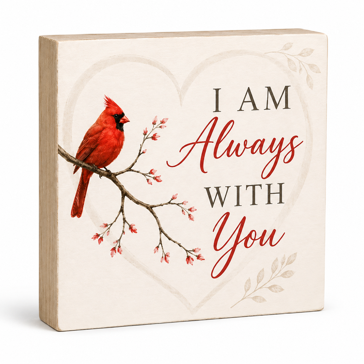 A square decorative wall sign with a beige wood-like background, featuring a red cardinal perched on a branch with small pink blossoms, a faint heart outline, and the phrase “I AM Always WITH You” in dark gray and red lettering.