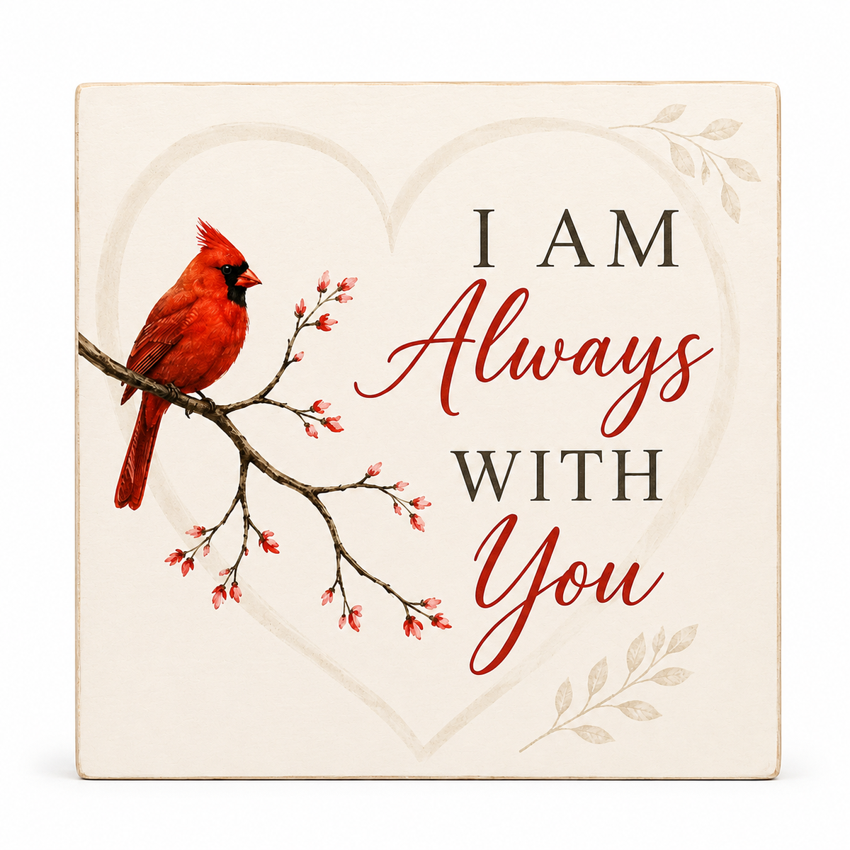A square decorative sign with a cream background featuring a red cardinal perched on a branch with small pink blossoms, alongside the phrase 'I AM Always WITH You' in dark gray and red script. A faint heart outline and small leaf motifs decorate the design.