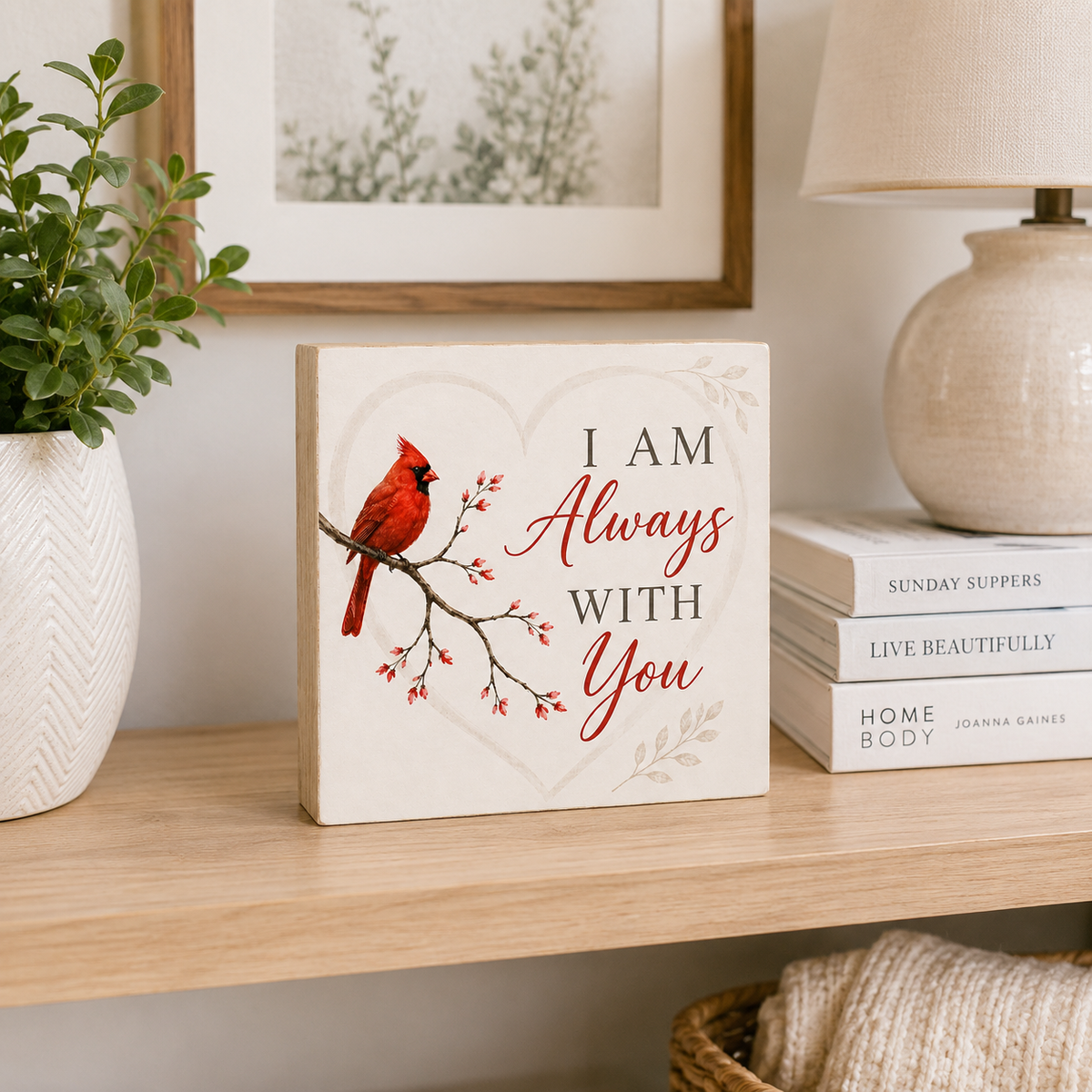 A square decorative wooden sign with a red cardinal perched on a branch, a heart outline, and the phrase “I AM Always With You” in red and dark lettering. The sign sits on a light wood shelf beside a potted plant, stacked books, and a lamp in a styled home setting.