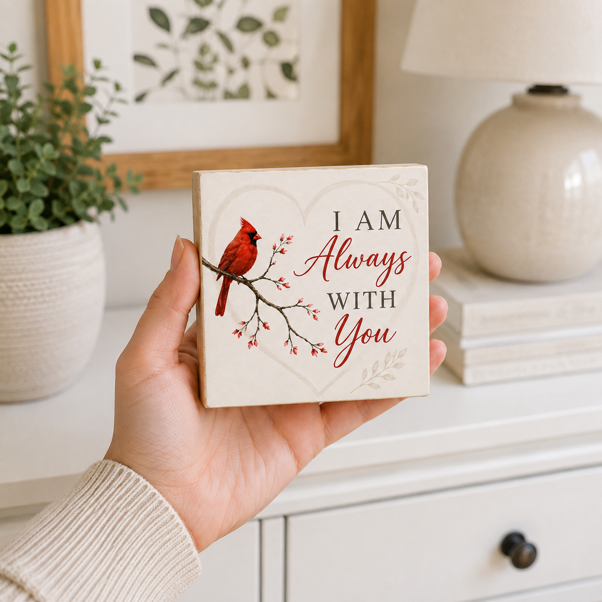 A hand holds a square cream-colored decorative sign featuring a red cardinal on a branch with the text 'I AM Always With You' in black and red script. The background shows a softly blurred home interior with a white dresser, lamp, framed botanical print, and potted plant.