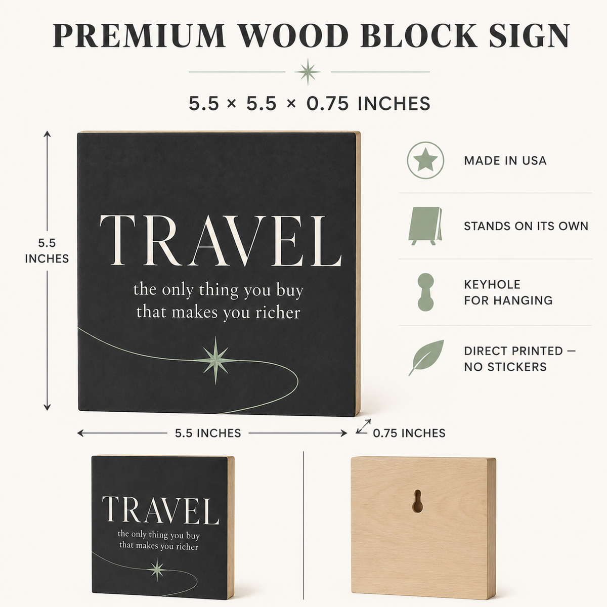 A premium wood block sign with the word 'TRAVEL' and a quote printed on a dark charcoal face, shown with dimension callouts, feature icons, and a second view of the natural wood back with a keyhole cutout.