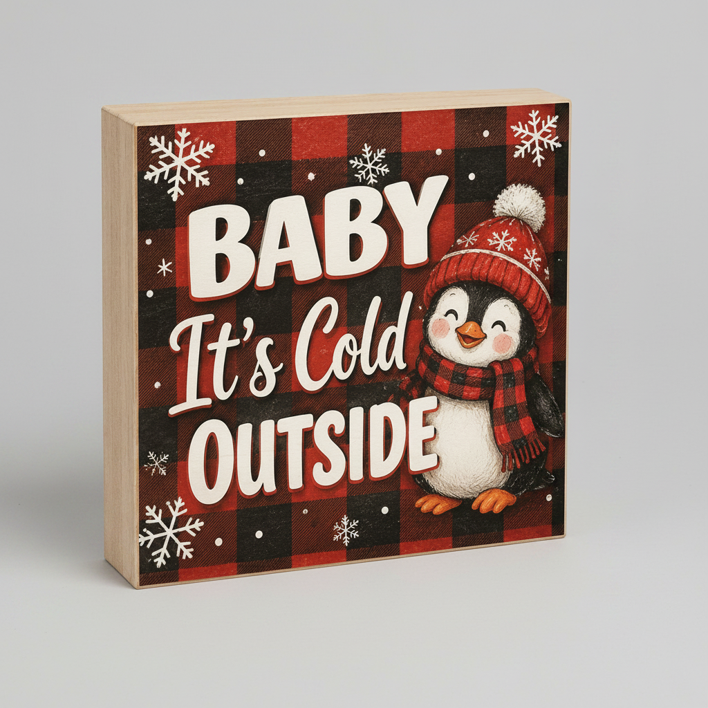 Decorative sign with a penguin wearing a hat and scarf, text 'Baby It's Cold Outside', on a red and black checkered background.