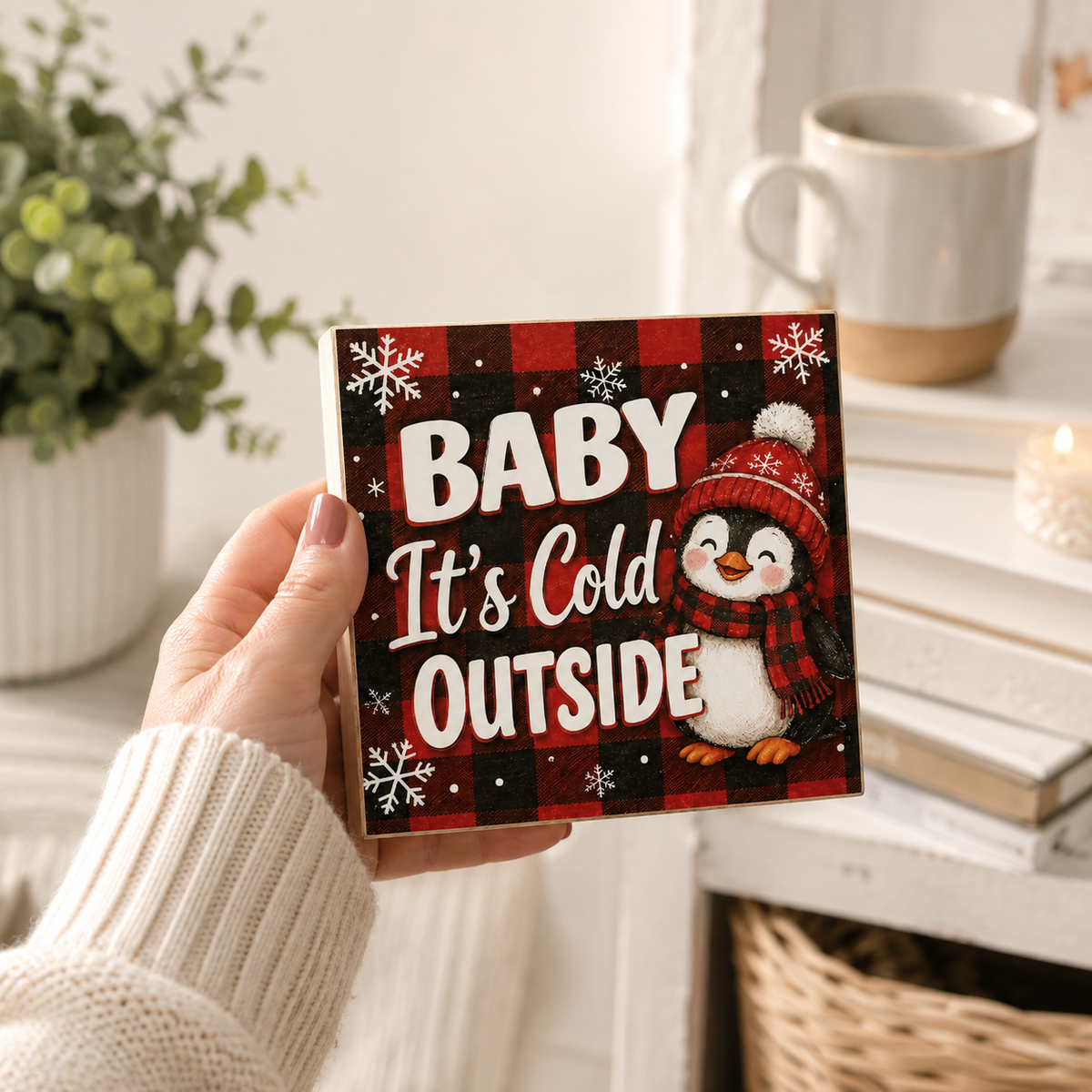 A hand holding a square decorative sign that reads “BABY It’s Cold OUTSIDE” in white lettering over a red and black buffalo plaid background, with a cartoon penguin wearing a red hat and scarf. The scene is a cozy indoor setting with a mug, books, and a plant in the background.