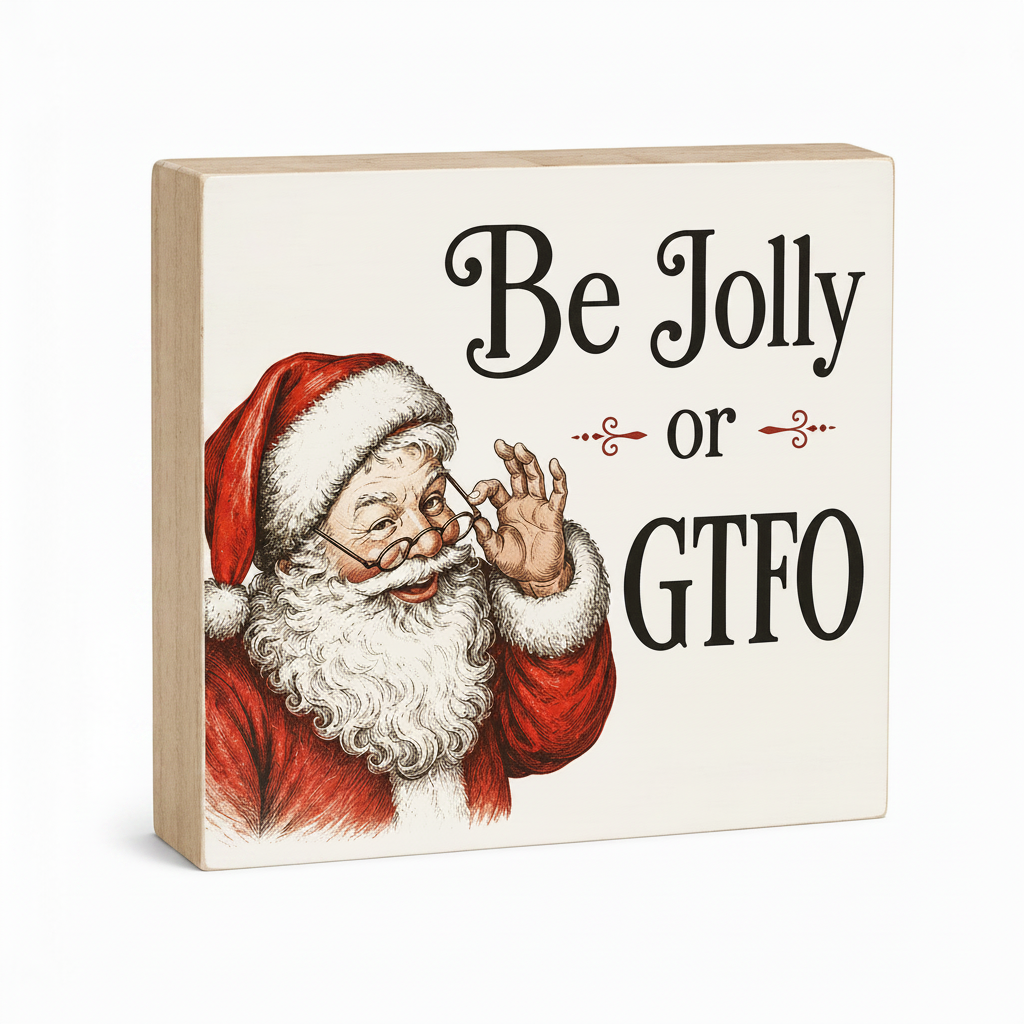 Decorative sign with Santa Claus and text 'Be Jolly or GTFO' on a white background