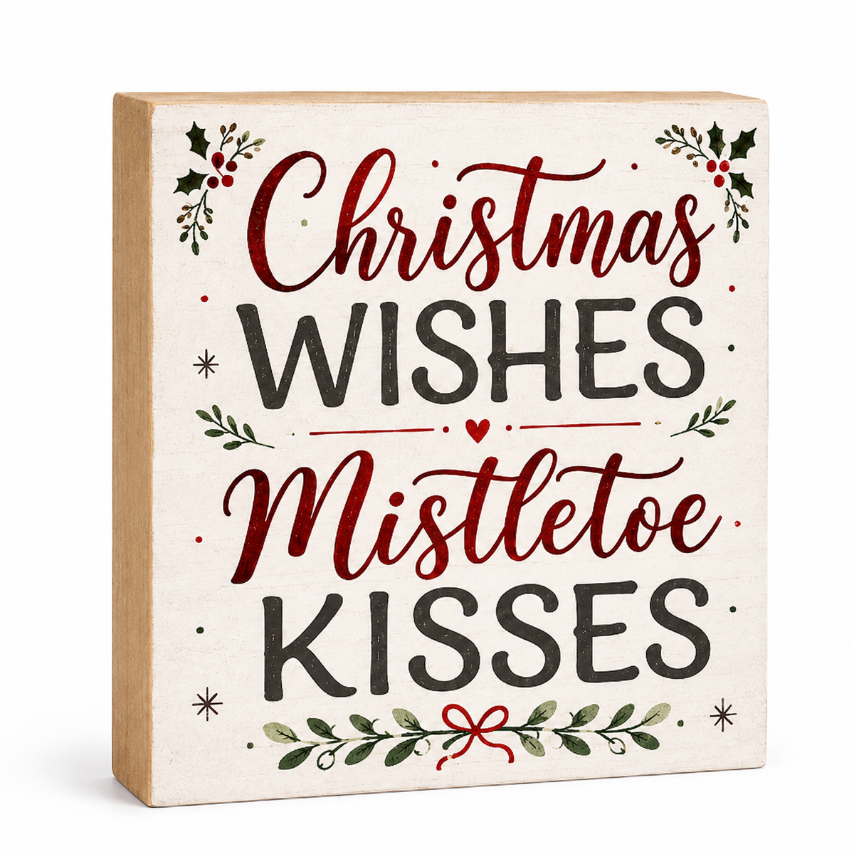 A square wooden sign with a natural light wood edge and a cream face, printed with the phrase 'Christmas Wishes Mistletoe Kisses' in red and dark gray lettering, decorated with holly leaves and berries, shown on a white background.
