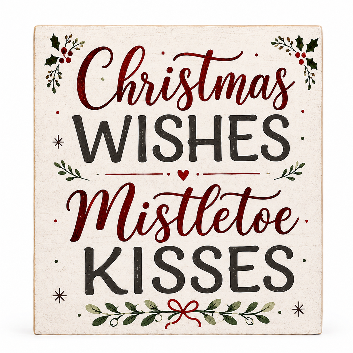 A square decorative sign with the phrase “Christmas Wishes Mistletoe Kisses” in dark red and black lettering on an off-white background, decorated with holly leaves, berries, stars, and a red bow.