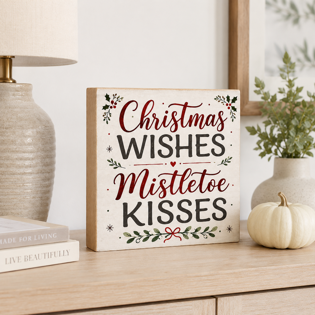 A square decorative sign with the phrase “Christmas Wishes Mistletoe Kisses” in red and black lettering, surrounded by green holly leaves and small red berries, styled on a wooden table with a lamp, books, a small pumpkin, and a plant in the background.