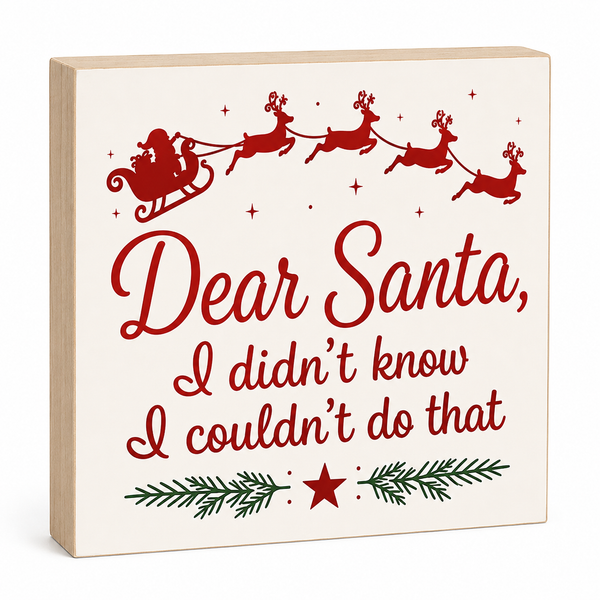 Decorative sign with Santa Claus and reindeer, featuring the text 'Dear Santa, I didn't know I couldn't do that' on a white background.