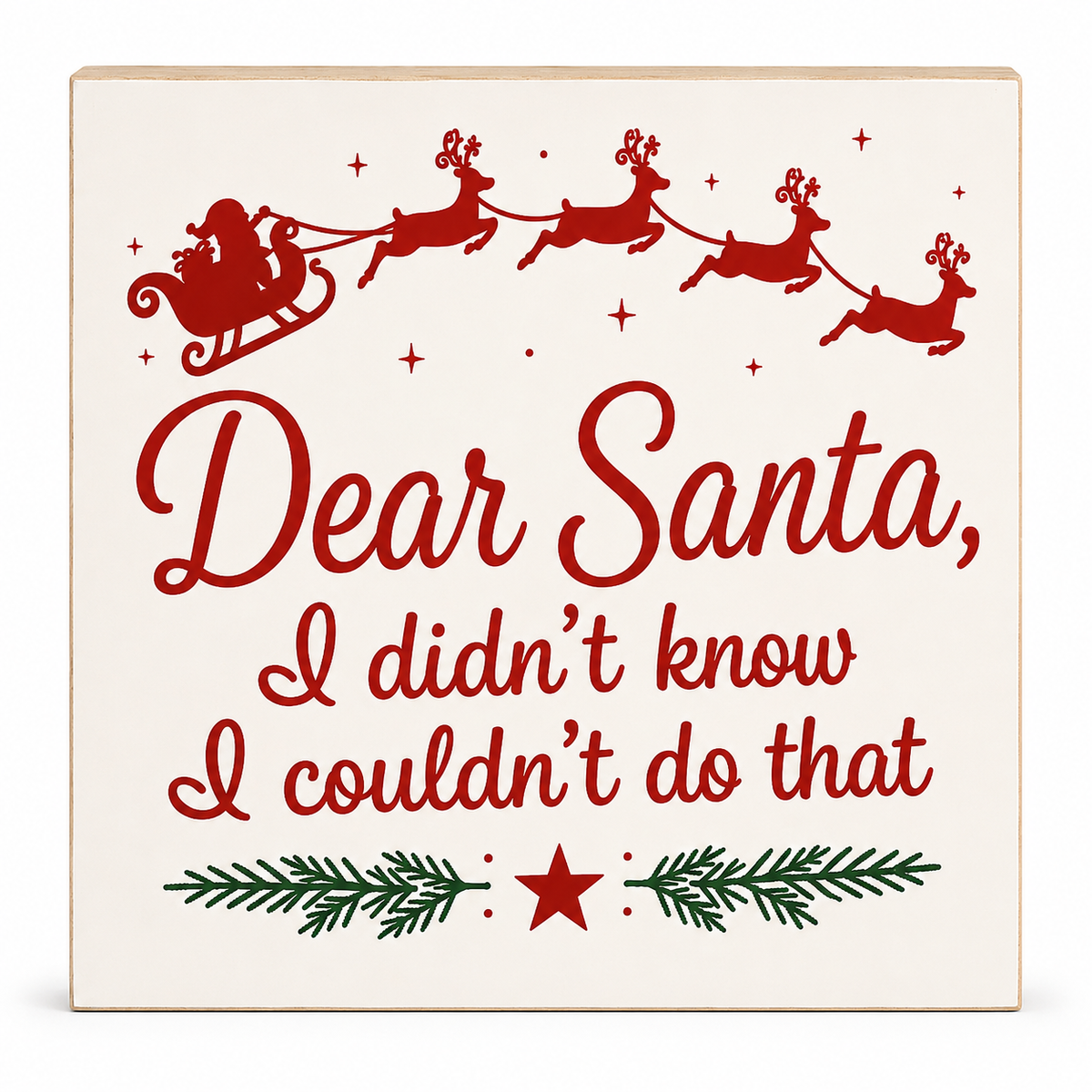 Square decorative wall sign with a cream background and natural wood edges. The sign features red text reading “Dear Santa, I didn’t know I couldn’t do that,” with a red Santa silhouette, reindeer, stars, and a green pine garland with a red star near the bottom.