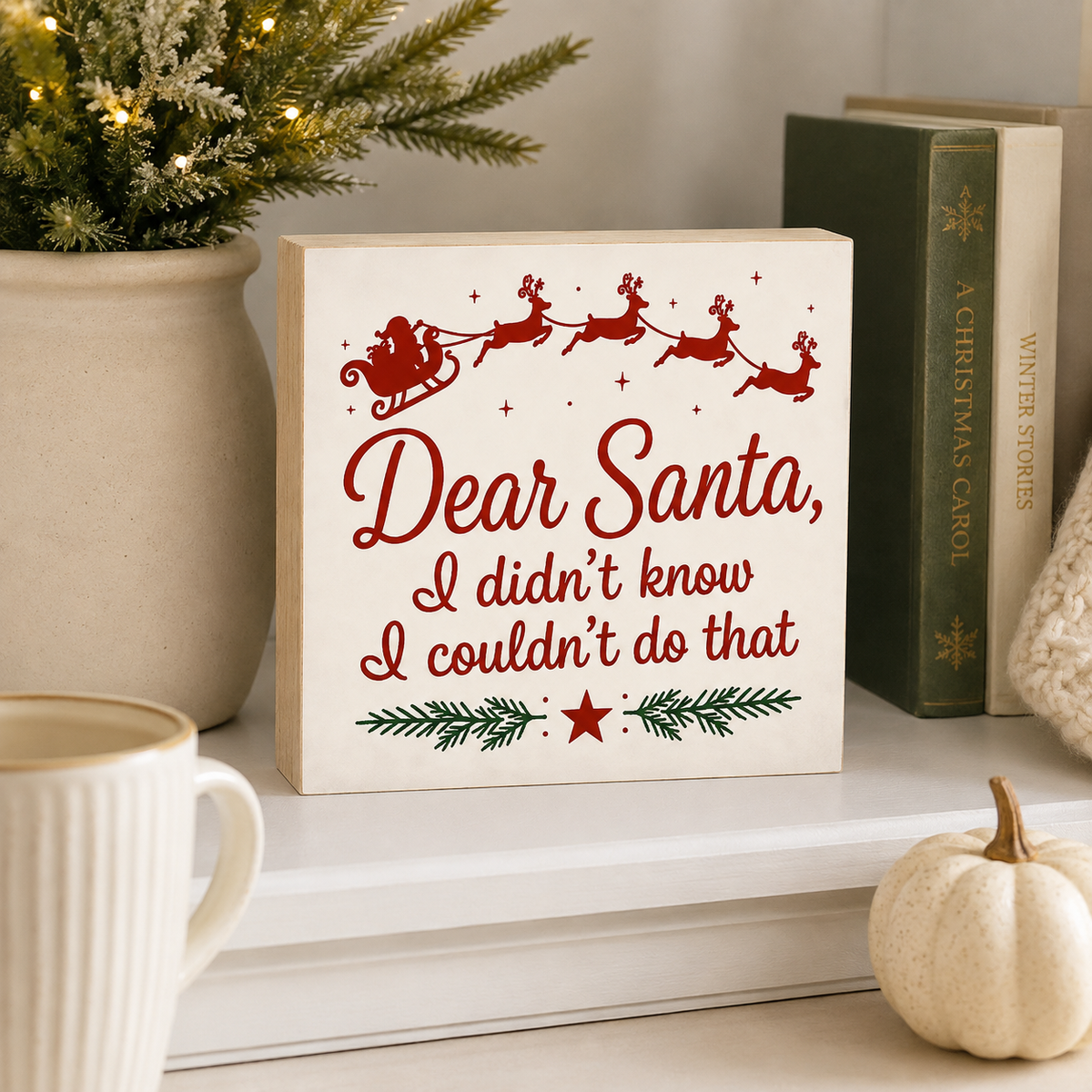 A square wooden Christmas sign with the text 'Dear Santa, I didn't know I couldn't do that' in red script and illustration, styled on a white shelf with a mug, potted greenery, books, and a small pumpkin.