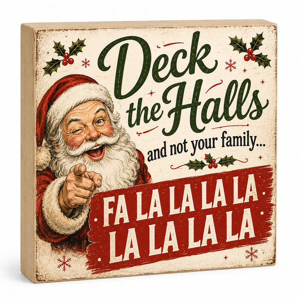 Decorative Christmas sign with Santa Claus and holiday text on a beige background