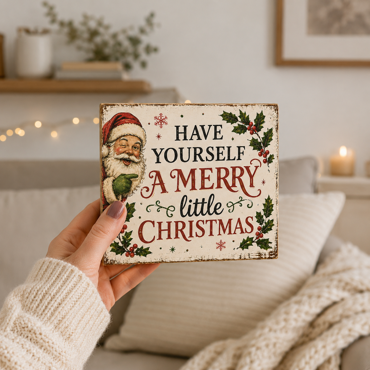 A hand wearing a cream knit sweater holds a square, distressed wooden Christmas sign that reads 'HAVE YOURSELF A MERRY little CHRISTMAS' with an illustration of Santa and holly. The background shows a cozy, softly blurred living room setting with a sofa, throw blanket, and warm string lights.