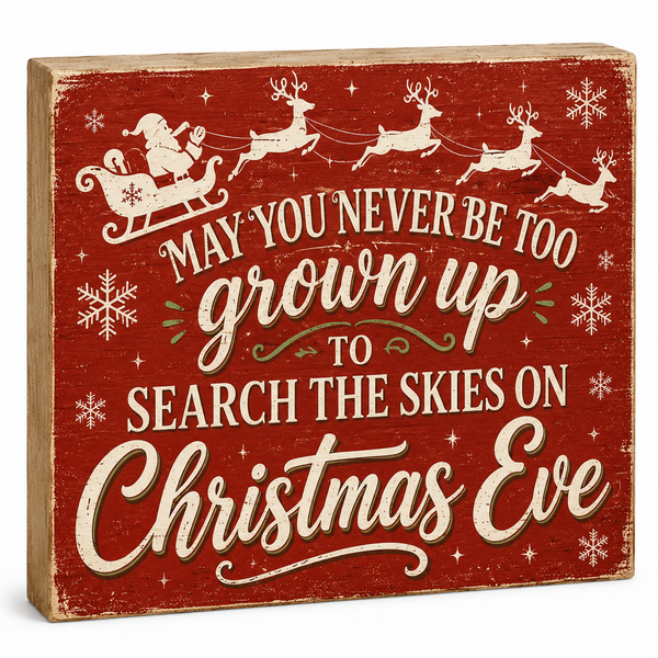 Decorative Christmas sign with Santa Claus and reindeer on a red background.
