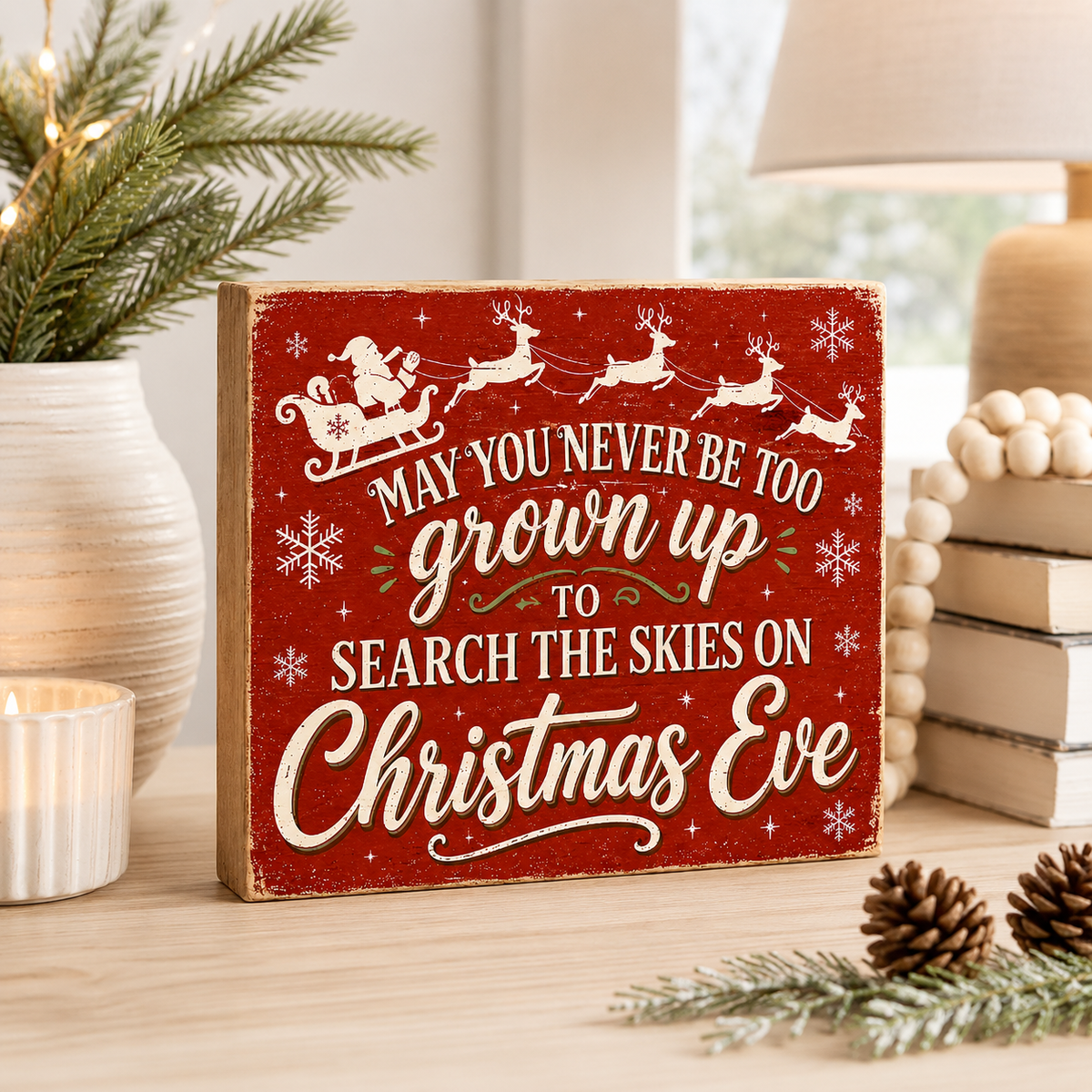A square red Christmas sign with white text reading 'May you never be too grown up to search the skies on Christmas Eve' and a white Santa and reindeer illustration, displayed on a wooden table with holiday decor.