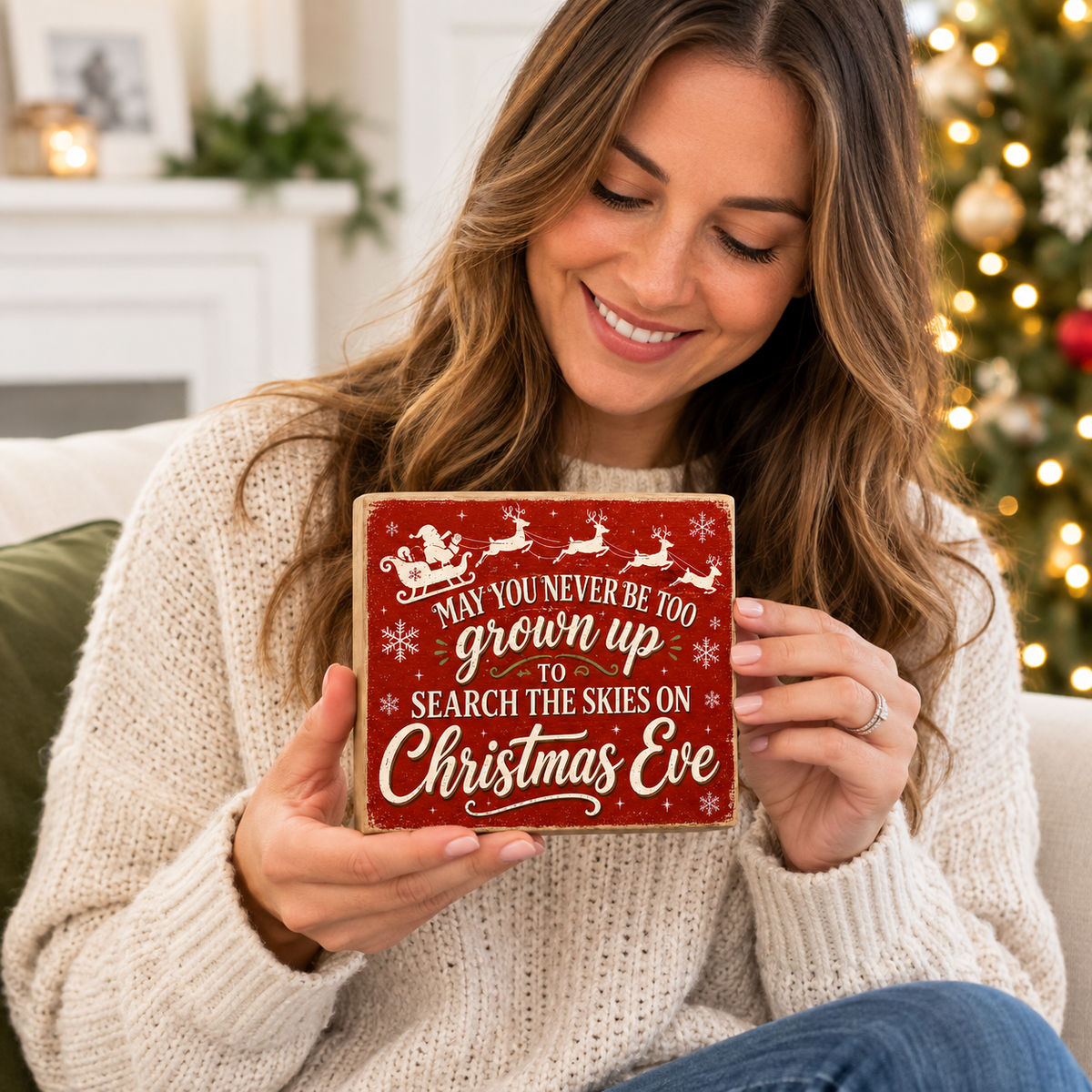 A woman in a cream knit sweater holds a square wooden Christmas sign that reads, 'May you never be too grown up to search the skies on Christmas Eve.' The sign is red with white lettering and holiday illustrations, set against a cozy living room background with a blurred Christmas tree.