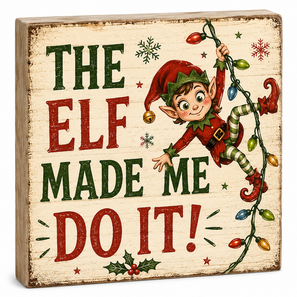 Decorative sign with an elf and Christmas lights on a rustic background
