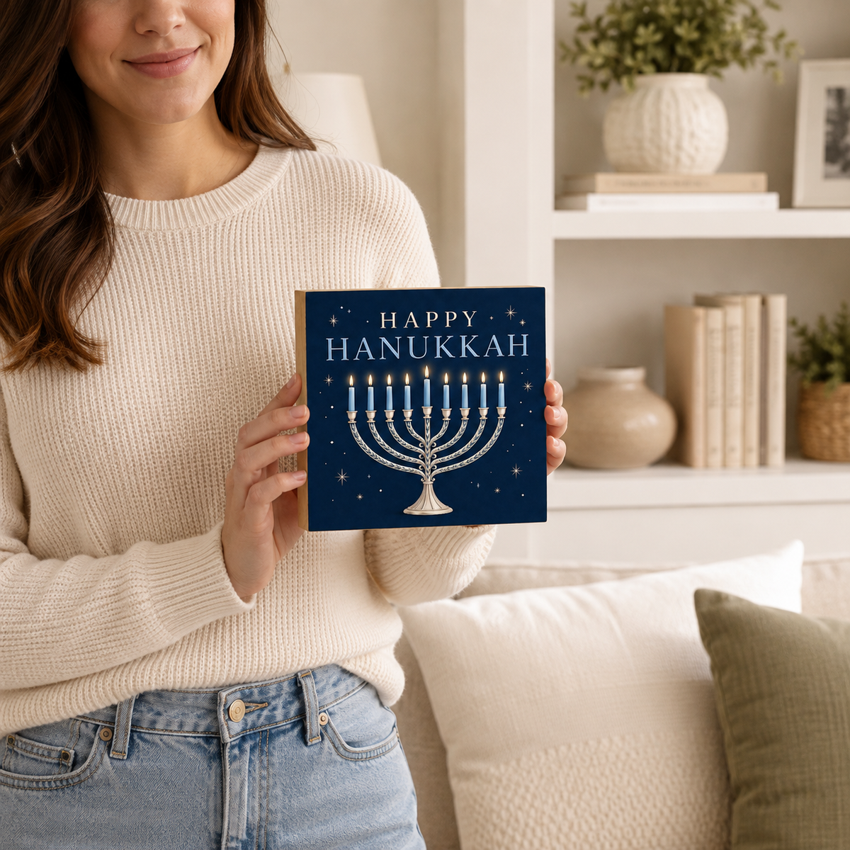 A woman in a cream knit sweater holds a square Hanukkah greeting card featuring a navy blue background, a silver menorah, and the words “HAPPY HANUKKAH” in white. The setting is a cozy, modern living room with white shelves, books, and cushions.
