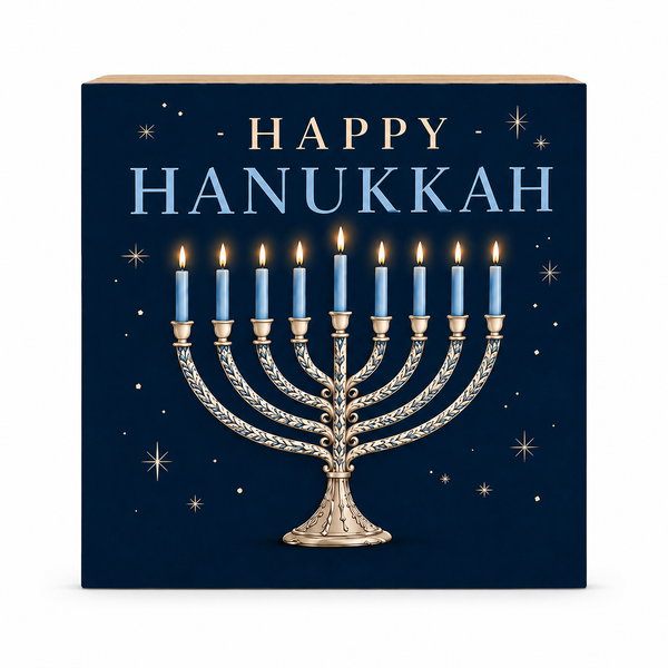 Square decorative sign with a Hanukkah design, featuring the words “HAPPY HANUKKAH” in gold and light blue above a detailed gold menorah with lit blue candles on a dark navy background with small gold stars.