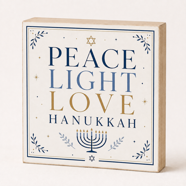 A square decorative wooden sign with a light natural wood frame and a cream face, printed with the words “PEACE LIGHT LOVE HANUKKAH” in navy and gold lettering, along with a menorah, stars, and leaf motifs. The sign is photographed on a clean, light beige background.