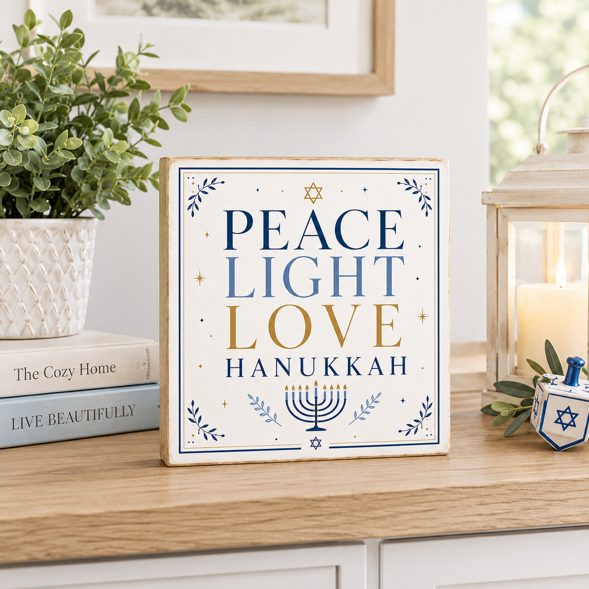 A square decorative sign with a distressed cream background and blue border, featuring the words “PEACE LIGHT LOVE HANUKKAH” in blue and gold lettering, with a menorah and Star of David motifs. The sign is styled on a wooden table next to a potted plant, books, a lantern, and a small blue-and-white Hanukkah ornament.