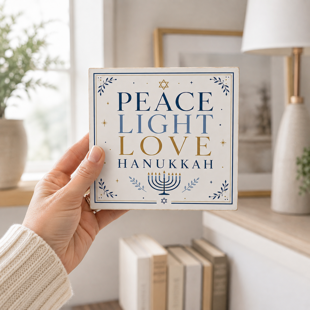 A hand holds a square decorative sign that reads “PEACE LIGHT LOVE HANUKKAH” in navy and gold lettering with a menorah and star details. The background shows a softly blurred indoor room with a lamp, books, and plants.
