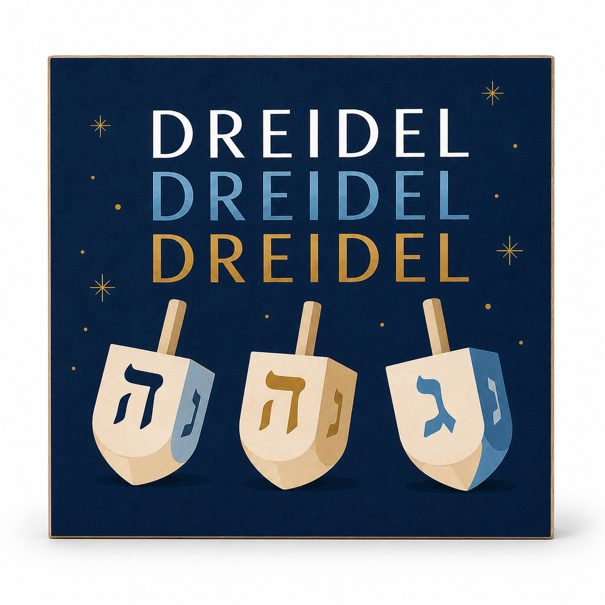 Square decorative wall art featuring the word 'DREIDEL' repeated three times in white, light blue, and gold text above three illustrated dreidels on a dark navy background with small gold stars.
